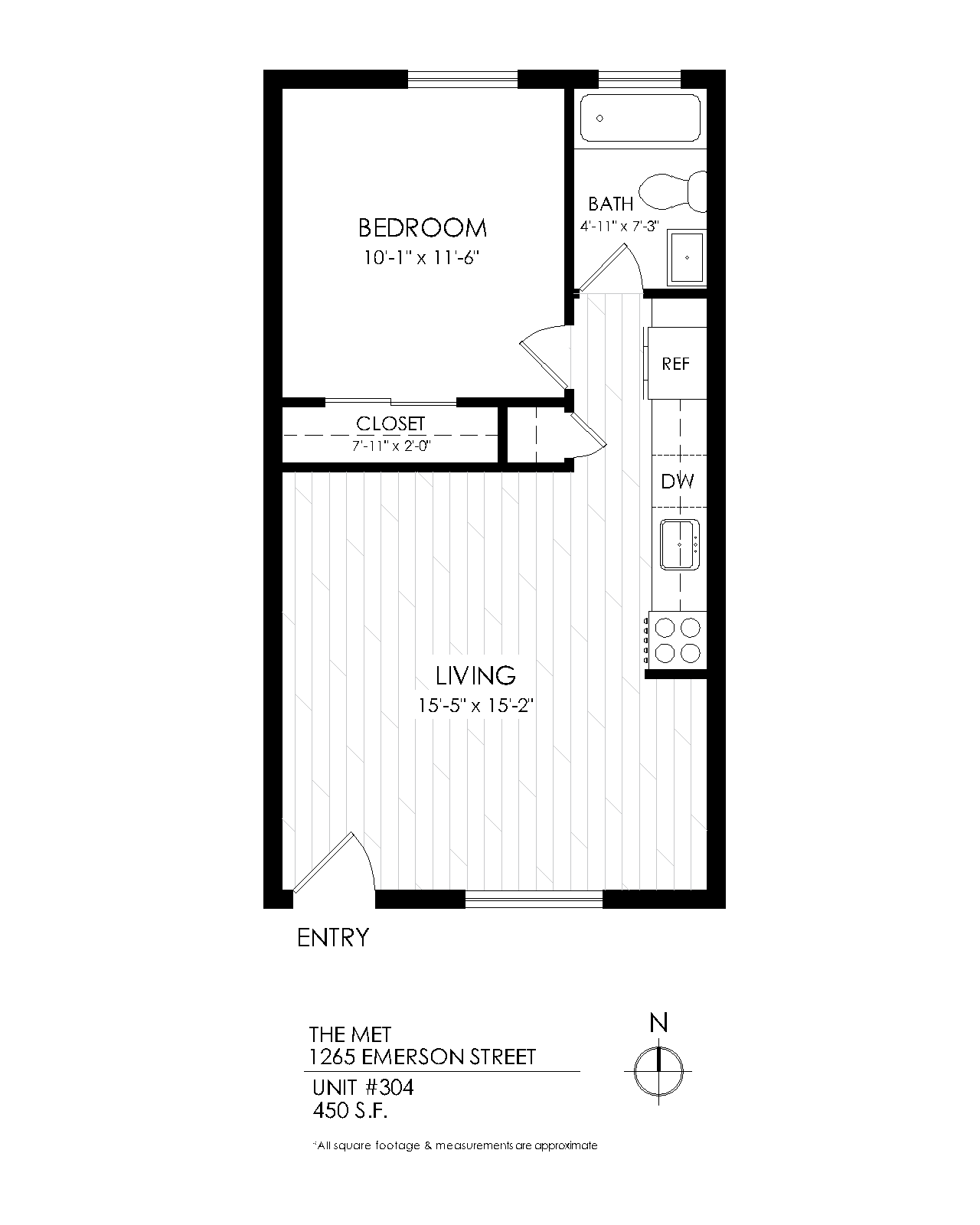 Floor plan for 1 bed, 1 bath, 450 sqft